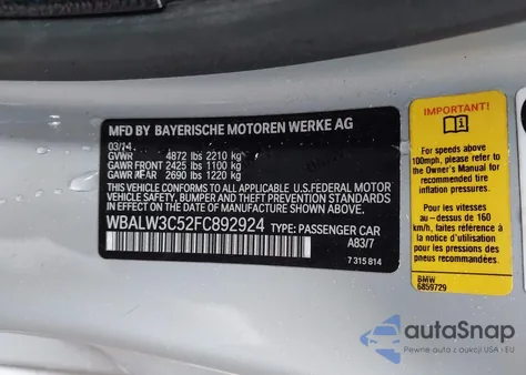 2015 BMW 640 I from USA, damaged, VIN WBALW3C52FC892924